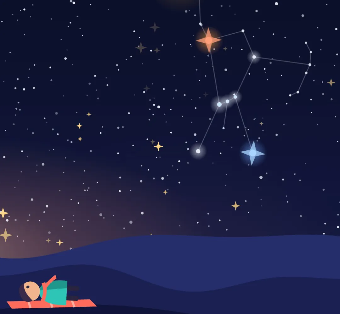A person lying on a red blanket on the dunes, looking up at Orion, a faint glow low on the horizon, flat vector style