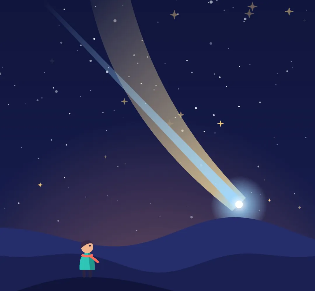 Halley's Comet with a long pale tail low over dark dunes at dusk, a small figure watching, flat vector style