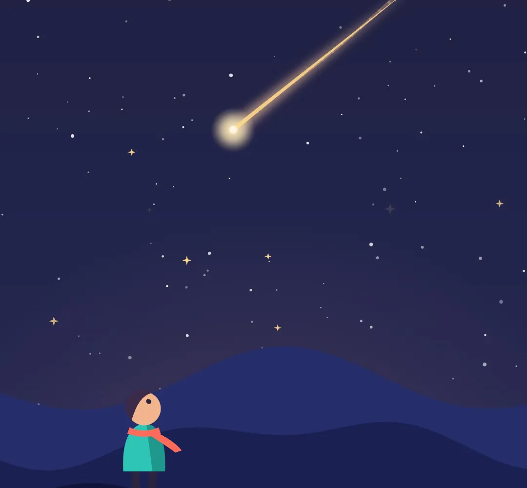 A single bright meteor streak across a starry sky above dark dunes, a small figure looking up, flat vector style