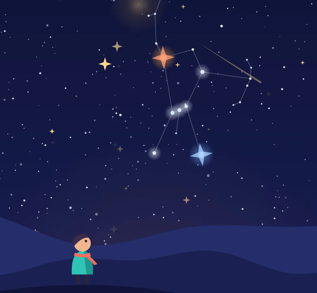 Orion's stars over dark dunes, Betelgeuse orange at the shoulder, a meteor streak near the radiant by the Hunter's club, flat vector style