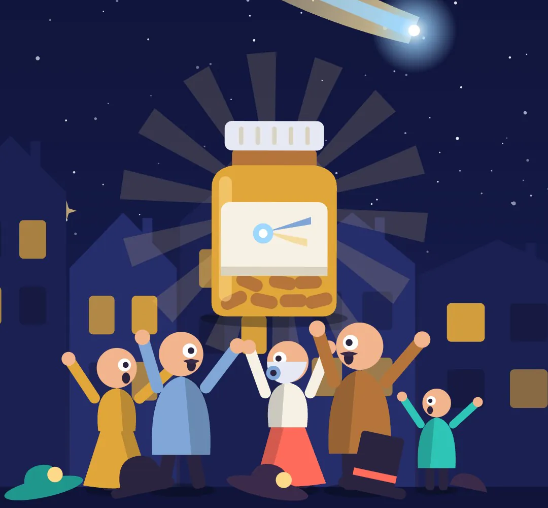 A 1910 town at night under Halley's Comet: a cheering crowd beneath a giant bottle of comet pills, flat vector style