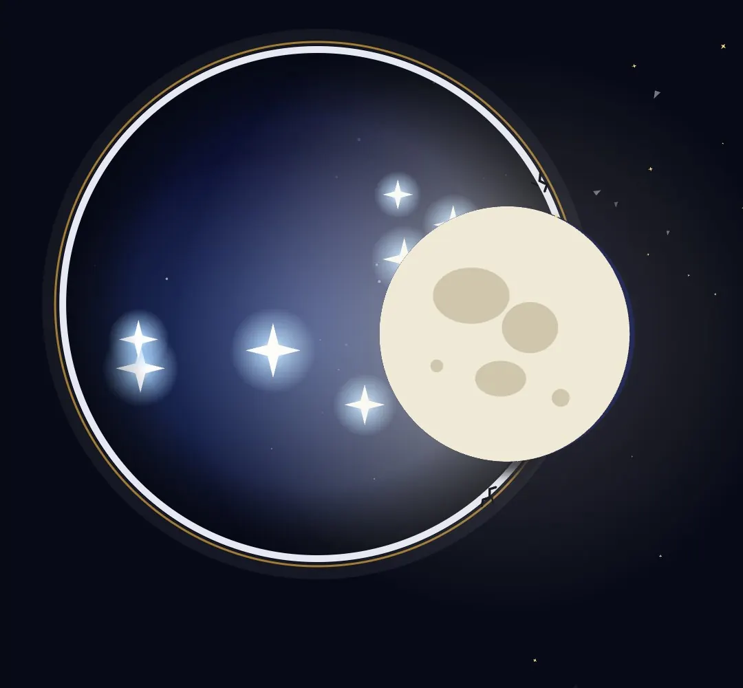 Binocular view: a bright, nearly full Moon beside a few blue-white Pleiades stars