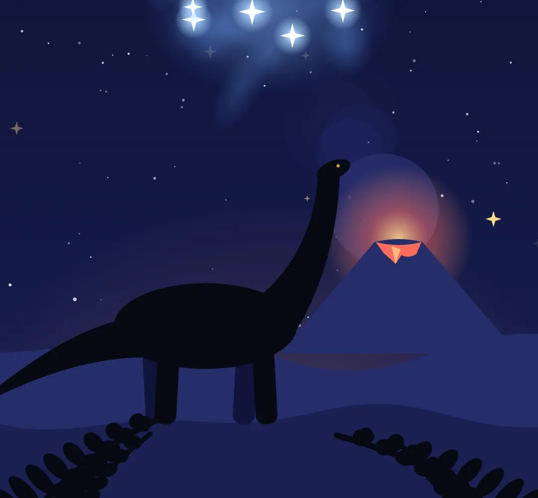 A long-necked dinosaur silhouette by a smoking volcano under a young blue star cluster