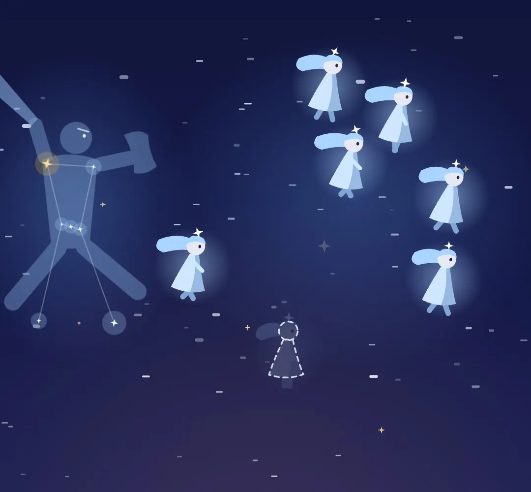 Seven small sister figures running across a night sky, chased by a hunter drawn through the stars of Orion, one sister fading to an outline