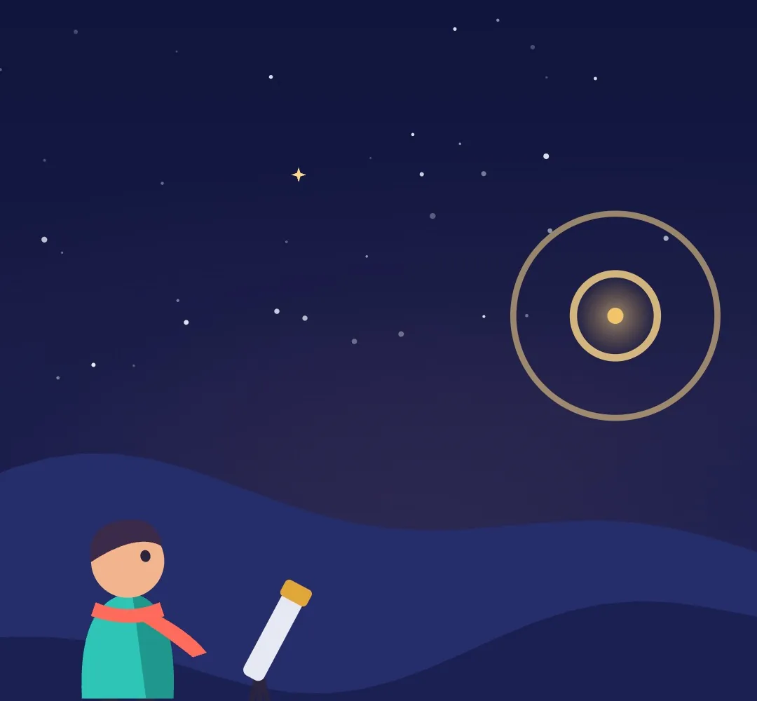 A small figure standing in a dark field looking east at a single golden dot rising above the horizon