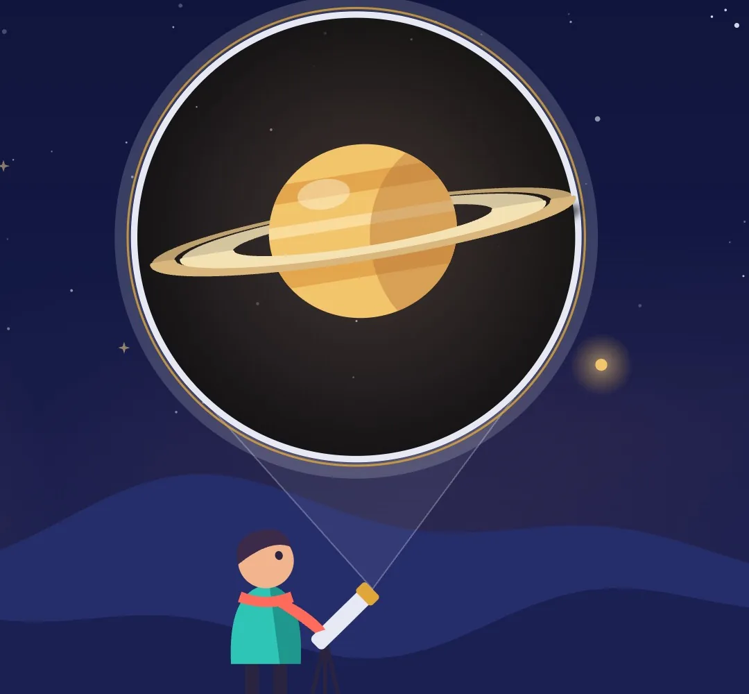 Telescope eyepiece view: golden Saturn with narrow tilted rings and a tiny dot for Titan off to one side